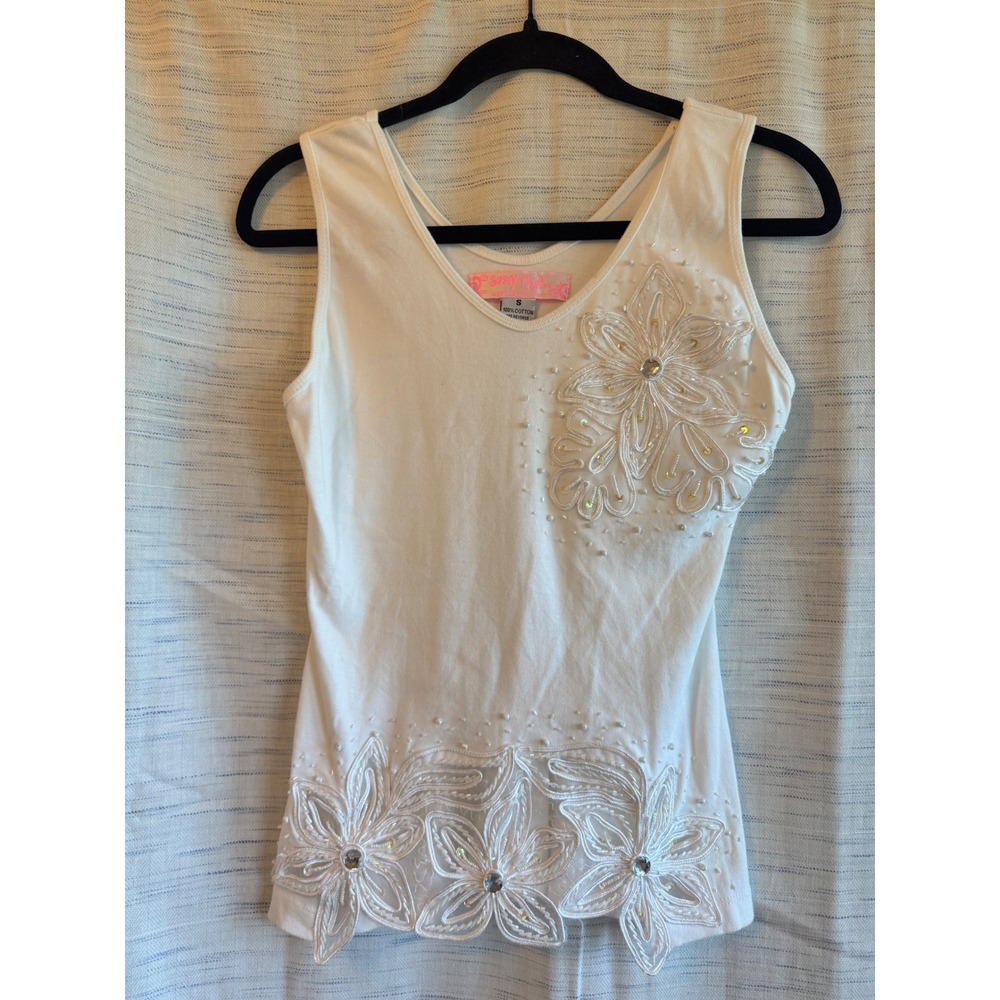 Sassy Thai White Cotton Floral Beaded Tank Top V-Neck Sequin Rhinestone Small